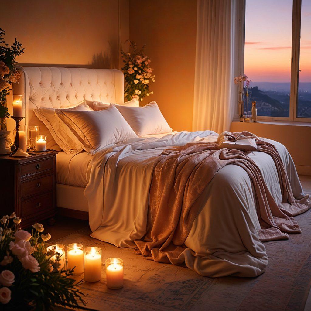 A sensual and inviting scene featuring a cozy bedroom with soft, ambient lighting, luxurious fabrics, and intimate textures. Include symbolic elements like a mysterious key, flowers, and romantic candles that signify the journey of sexual fulfillment. The background should have hints of a blissful sunset creating an alluring atmosphere. super-realistic. warm colors. soft focus.