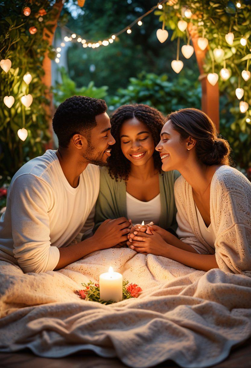 A warm, inviting scene showcasing two diverse couples engaged in intimate conversation, surrounded by elements of love such as soft candlelight, a cozy blanket, and heart-shaped decorations. Show subtle expressions of connection, laughter, and understanding. The background features a softly blurred garden, symbolizing growth and harmony. super-realistic. warm colors. soft focus.