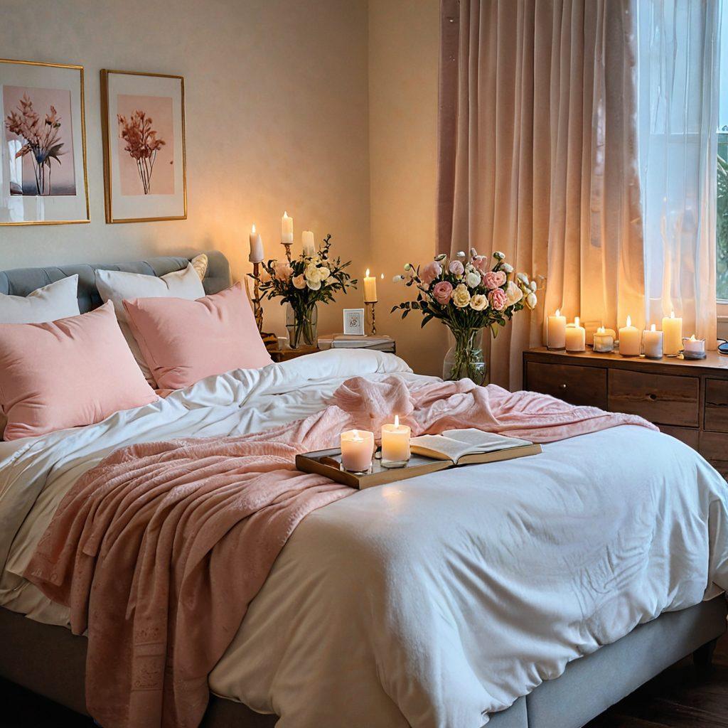 A serene bedroom setting enhanced with soft pastel colors, featuring a couple sharing a tender moment, surrounded by symbols of intimacy like candles, soft fabrics, and gentle lighting. Include thoughtful elements like a journal and flowers that suggest a journey of self-discovery and empowerment in relationships. Capture the essence of love and connection with a warm and inviting atmosphere. super-realistic. vibrant colors. soft focus.